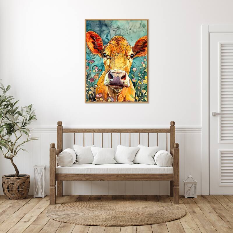 Cow in Flowers by Justyna Jaszke Framed Canvas Wall Art