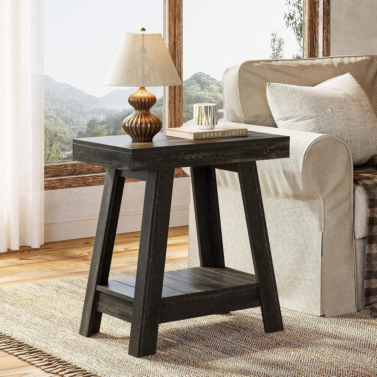 Farmhouse End Tables for Living Room, 2-Tier Narrow Side Tables with Storage Shelf, Small Bedside Nightstands