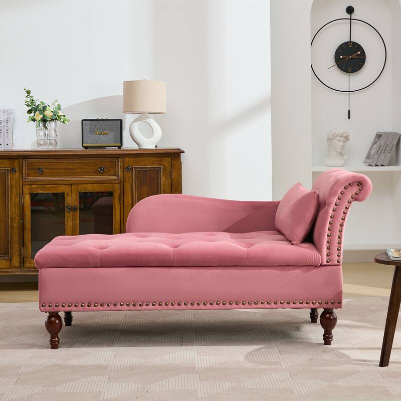 Velvet Chaise Lounge with a Storage Function, Tufted Cushions & Nailheads