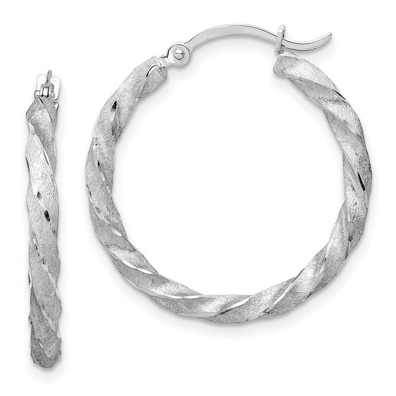 Curata 14k White Gold Twisted Satin Sparkle Cut Hoop Earrings - 26x25mm Wide 2.8mm Thick