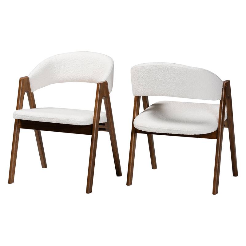 Virden Boucle Fabric Dining Chair - Mid-Century Modern Armchair with Wood Frame and Curved Open-Back, Walnut Brown and White - White, Walnut Brown