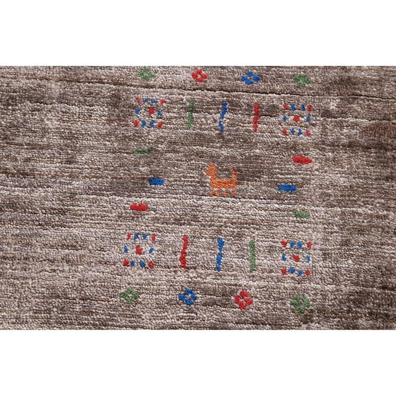 Hand Knotted Oriental Viscose Silk Carpet Tribal Stripe Greys & Charcoal Gabbeh Area Rug - 9' 7'' X 8' 5''