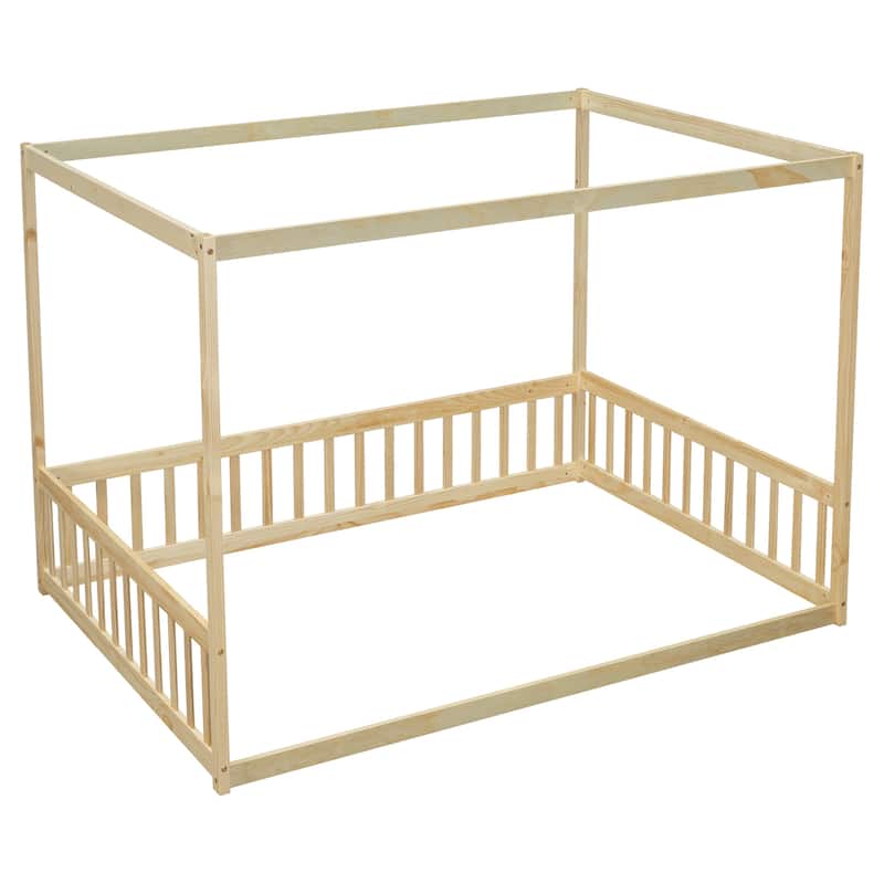Full Size Canopy Frame Floor Bed with Fence
