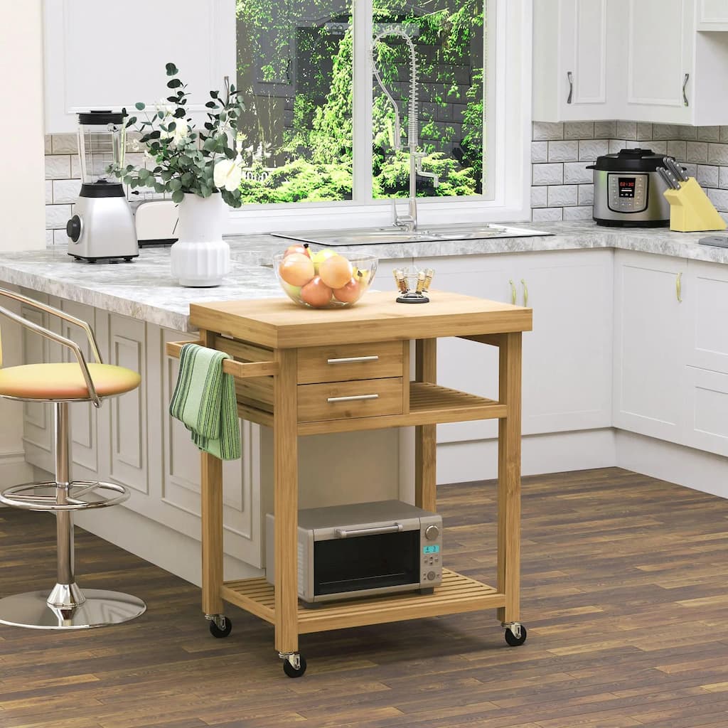 Bamboo Kitchen Island Cart on Wheels with 2 Drawers,Open Shelves