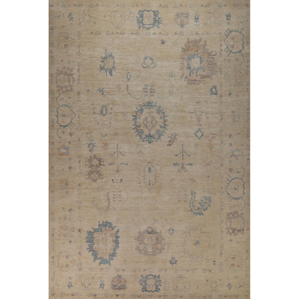 Transitional Beige Oushak Turkish Large Rug Hand-Knotted Wool Carpet - 9'6"x 13'9"