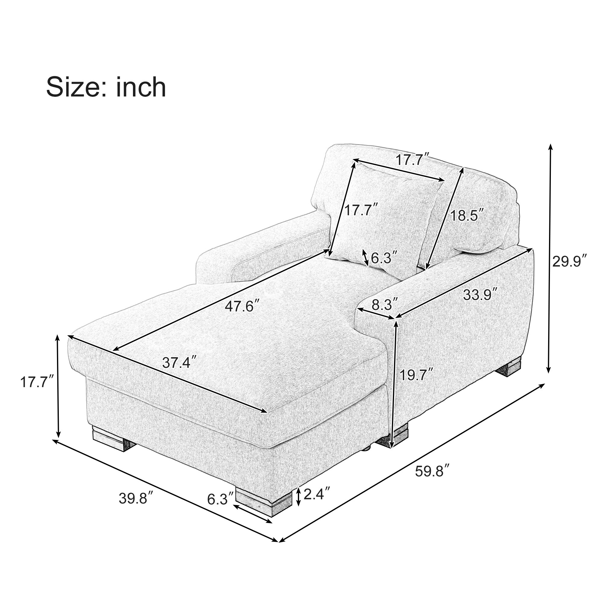 Chaise Lounge Chair Indoor,59" Velvet Gray Sleeper Sofa Chair With Armrest Oversized Reading Chairs With Plush Cushions,Tufted Lounge Couch Chair For Bedroom, Living Room, 480 LBS Weight Capacity