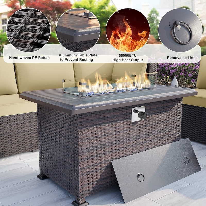 Delnavik 7 Pieces Rattan Outdoor Patio Furniture Sofa Set with Firepit - 7 pcs