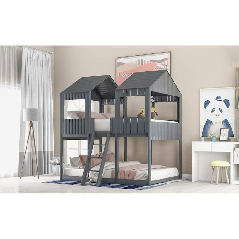 WoodBunk Bed with Roof, Window, Guardrail, Ladder
