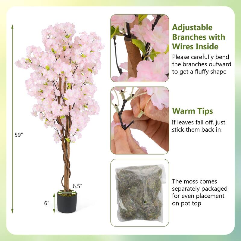Gymax 5 FT Tall Artificial Cherry Blossom Tree Faux Flower Plant in