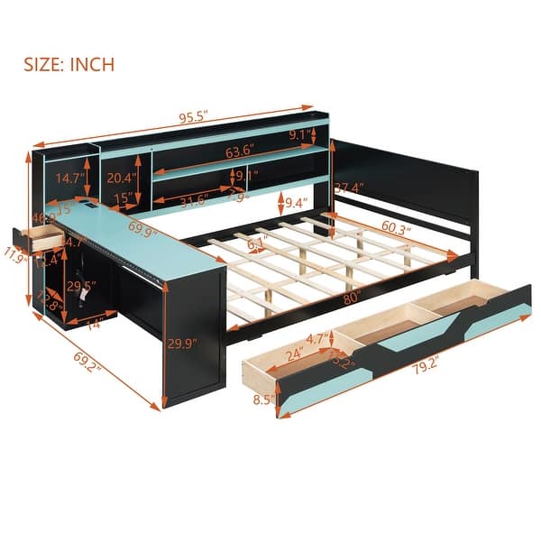 Gamer Hub Daybed with Desk, RGB Lights, Charging Station, 3 Storage Drawers & Headboard Shelves by Harper&Bright Designs - Black+Red