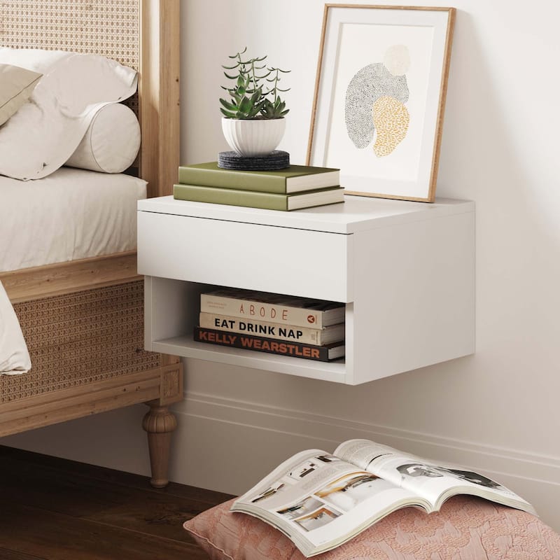 Nathan James Jackson Modern Floating Bedroom Nightstand with Storage Drawer and Open Shelf Cubby - White