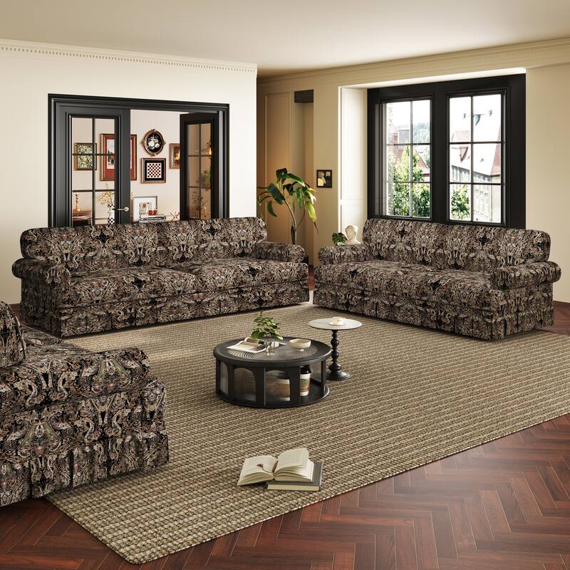 GDFStudio - Chenille Deep Seat 3&4-Seater Sofa Set with Skirt Design (Set of 2) - Black Floral
