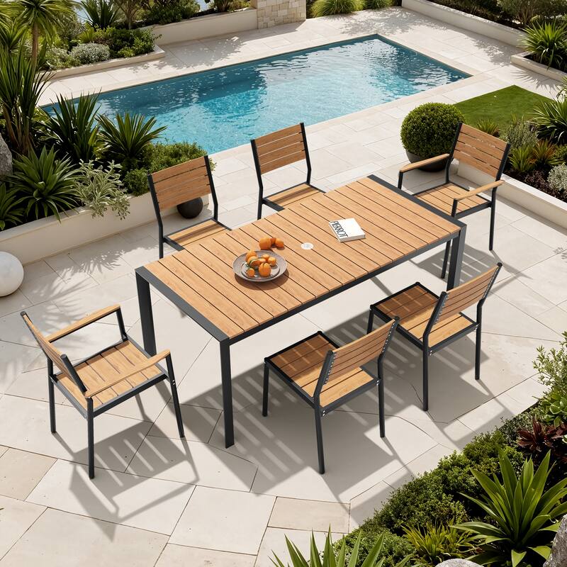 7-Piece Outdoor Patio Dining Set Wood Like Table Top Aluminum Rectangular Umbrella Hole Table with Rattan Chairs - Brown