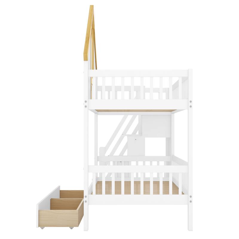GDFStudio -DreamCottage Modern Wooden House Roof Bunk Bed with Storage Drawers and Staircase