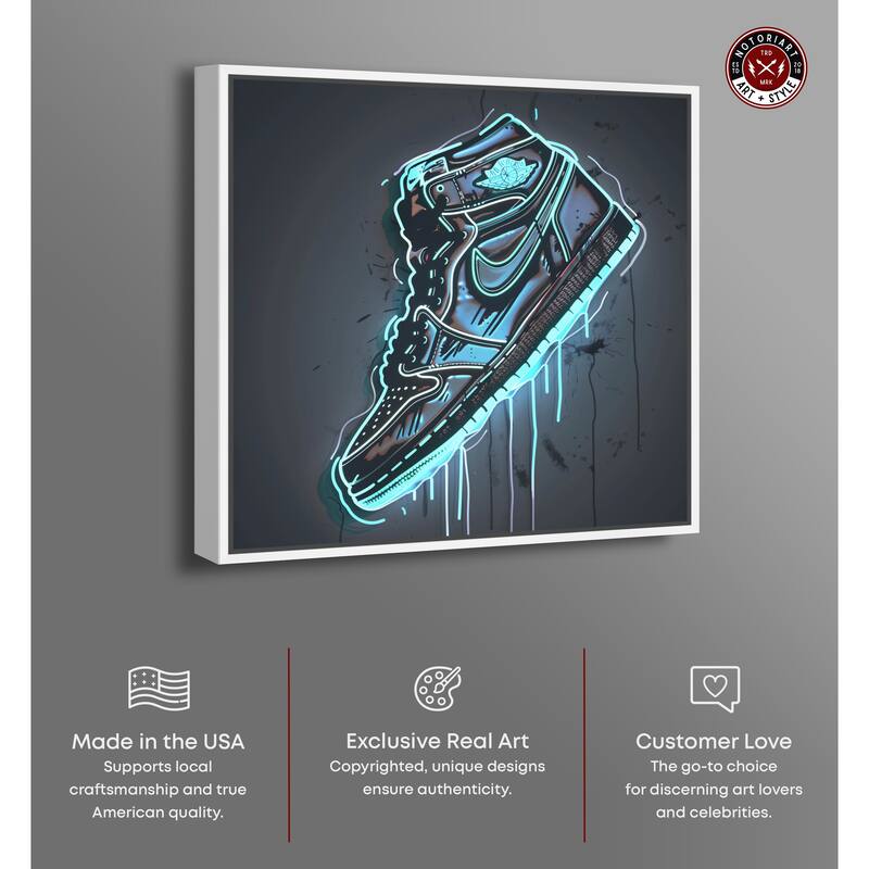 Notoriart Blue Glow Sneaker Framed Sneaker 1 Piece Canvas Wall Art