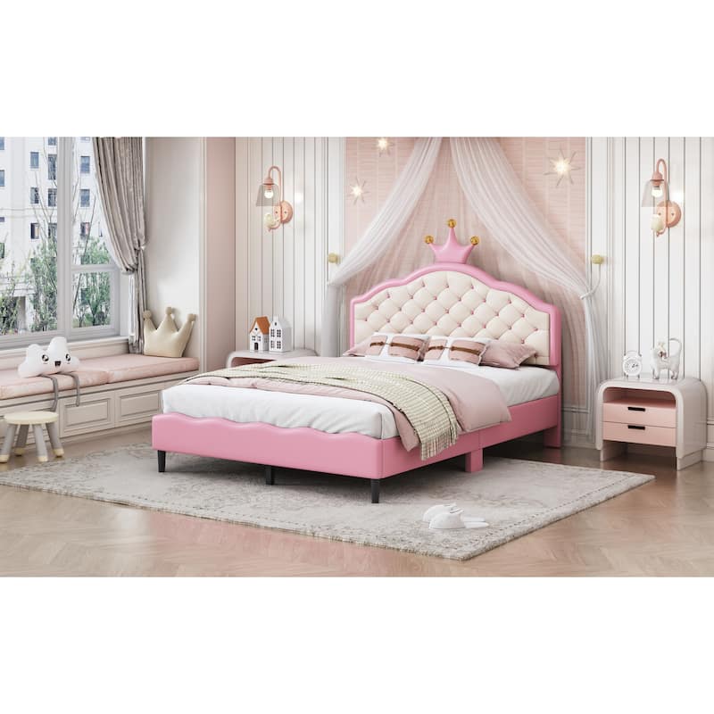 Full Size Lovely Crown Fantasy PU Leather Princess Bed