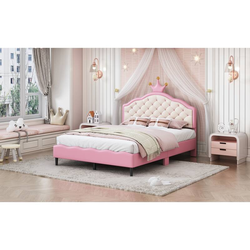 Full Size Princess Bed with Dreamy Crown Headboard, Soft PU Leather Upholstery, and Tufted Detailing - Pink & Cream