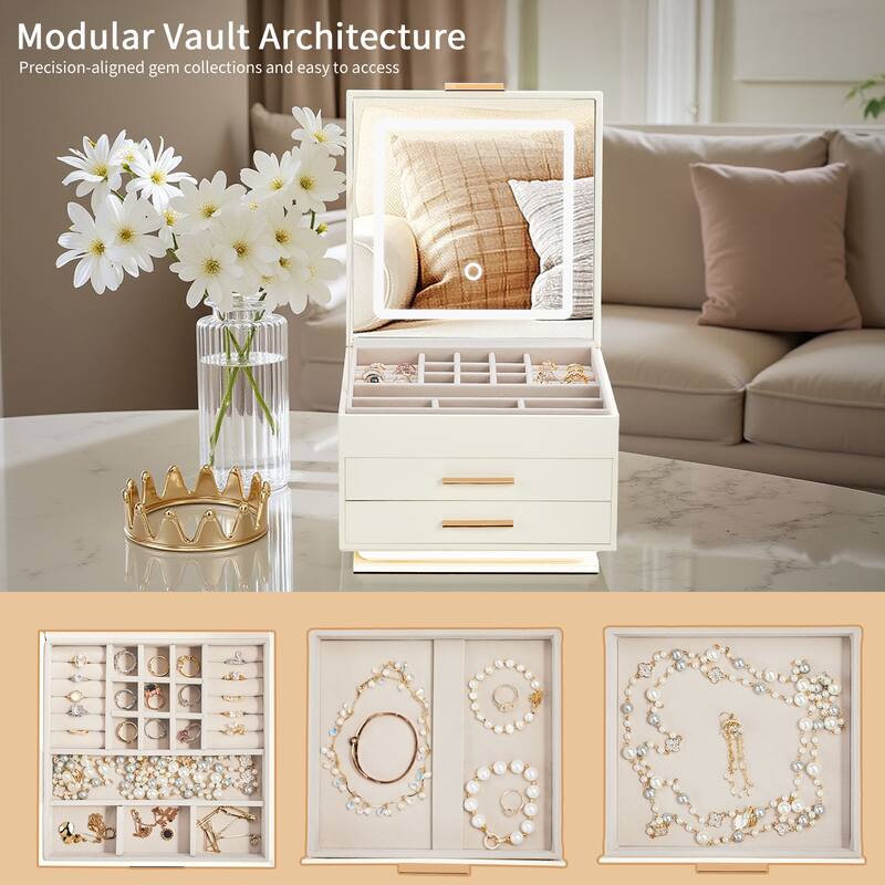 White and Pink Velvet Jewelry Organizer with LED Mirror Light and Drawers for Rings Necklaces - 23 × 23 × 17cm