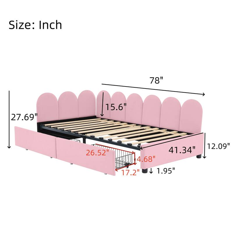 L-Shape Garden Backrest Daybed, Velvet Upholstered Sofabed with 2 Drawers, Soft Fabric Headboard Platform Bed Frame