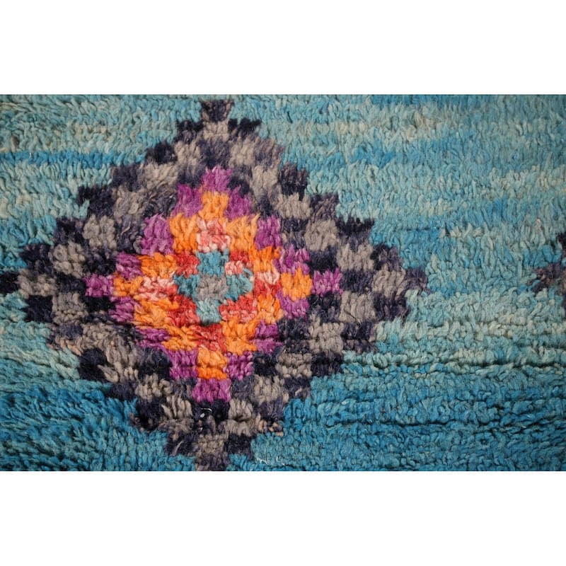 Plush Geometric Blue Moroccan Accent Rug Hand-Knotted Wool Carpet - 3'1" x 5'7"