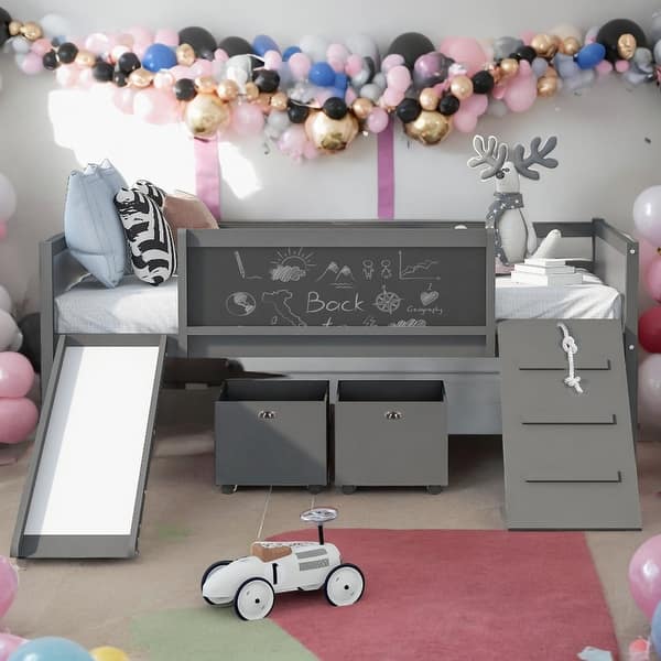 slide 2 of 19, Modern Twin size Loft Wood Bed With Two Storage Boxes With Climbing Frame And Rope for Home Grey