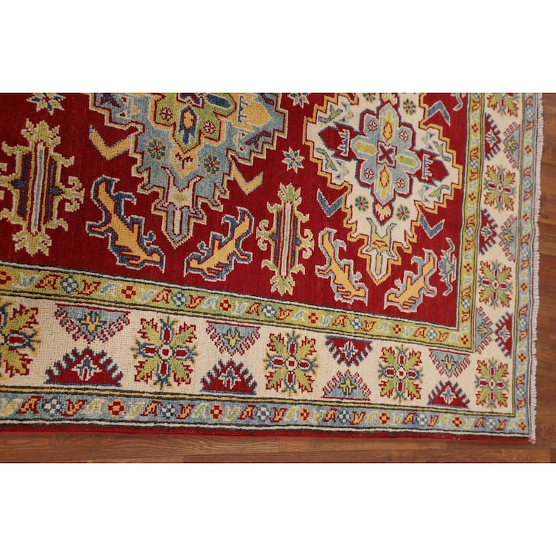 Traditional Kazak Oriental Area Rug Hand-Knotted Red Wool Carpet - 4'2" x 6'5"