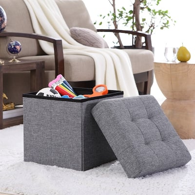 Foldable Tufted Linen Storage Ottoman