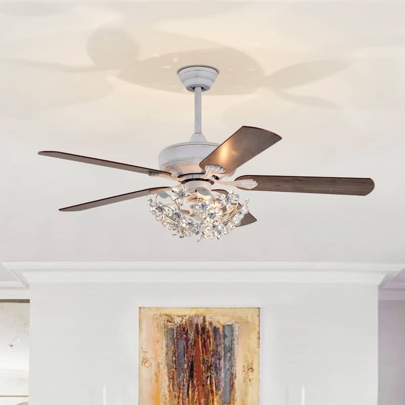 Praer Washed White 5-blade Lighted Ceiling Fan with Crystal Daisy Bouquet Shade