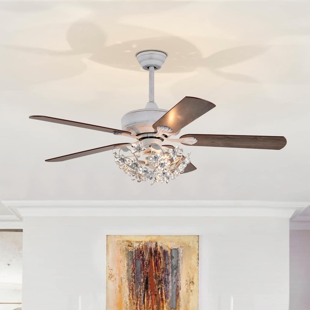 Praer Washed White 5-blade Lighted Ceiling Fan with Crystal Daisy Bouquet Shade