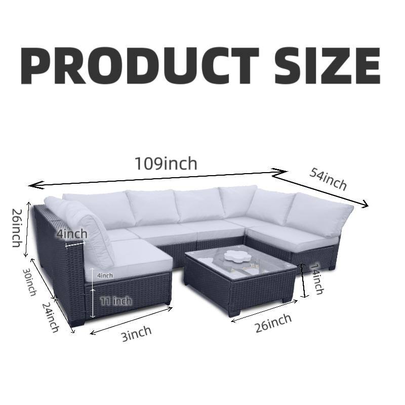 7-Piece Outdoor Rattan Patio Furniture Set, Black PE Wicker Sectional Sofa with Blue Cushions, Tempered Glass Table