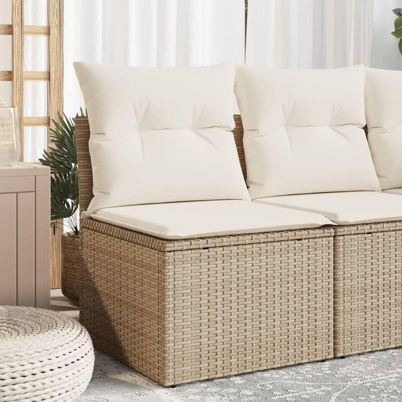 vidaXL Patio Sofa with Cushions Outdoor Seating Sectional Sofa Poly Rattan - Beige and cream middle sofa - 24.4 x 21.7 x 27.2 in