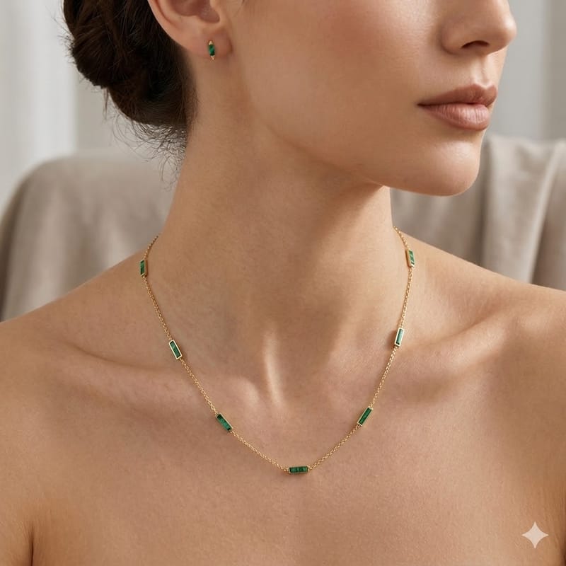 Curata 14k Yellow Gold Italian 18" Inlaid Genuine Gemstone 10X2mm Bar Station Necklace