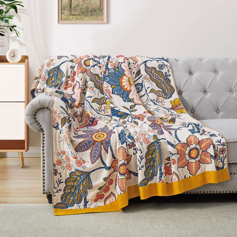 100% Cotton Boho Floral Thermal Breathable Jacquard Throw Blankets - Damask
