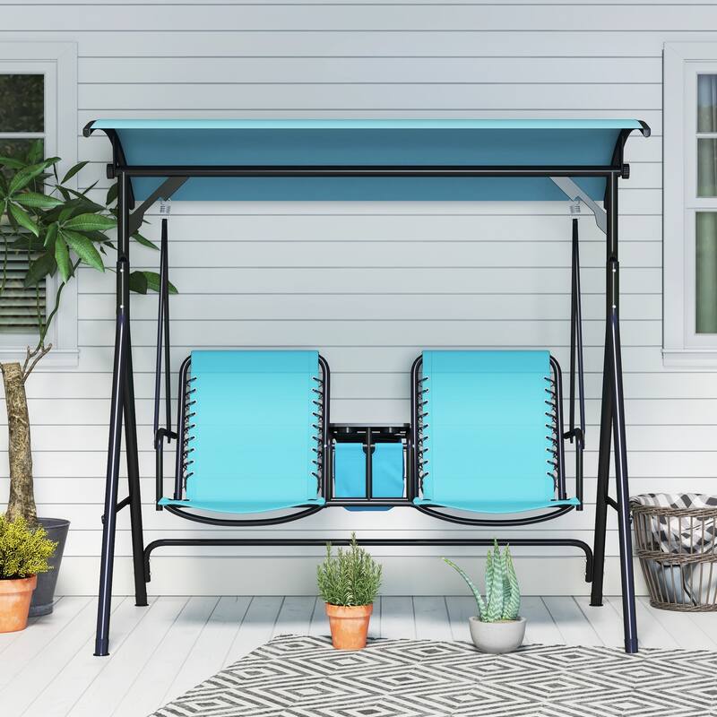 2-Seat Outdoor Canopy Swing Chair with Pivot Storage Table, Cup Holder & Adjustable Shade