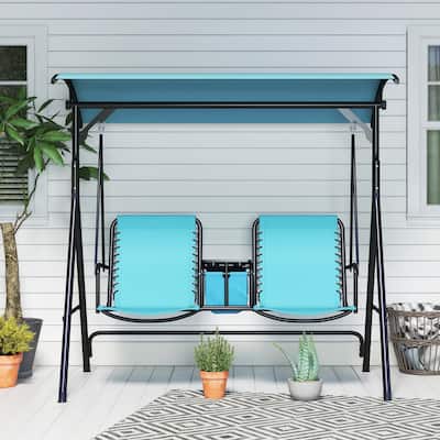 2-Seat Outdoor Canopy Swing Chair with Pivot Storage Table, Cup Holder & Adjustable Shade