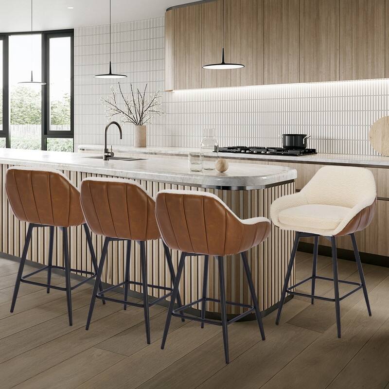 26" Counter Height Swivel Bar Stools, Upholstered Sherpa Barstools with Back for Kitchen Island