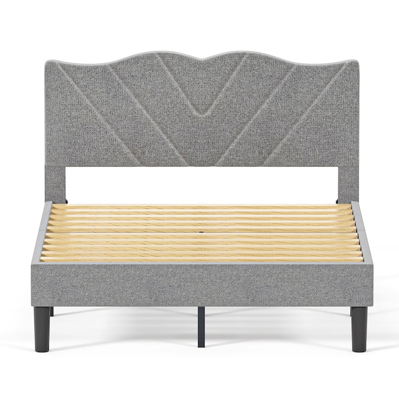 Queen Size Upholstered Bed Frame with Wooden Slats, Padded Headboard, Heavy-Duty Support, No Box Spring Required
