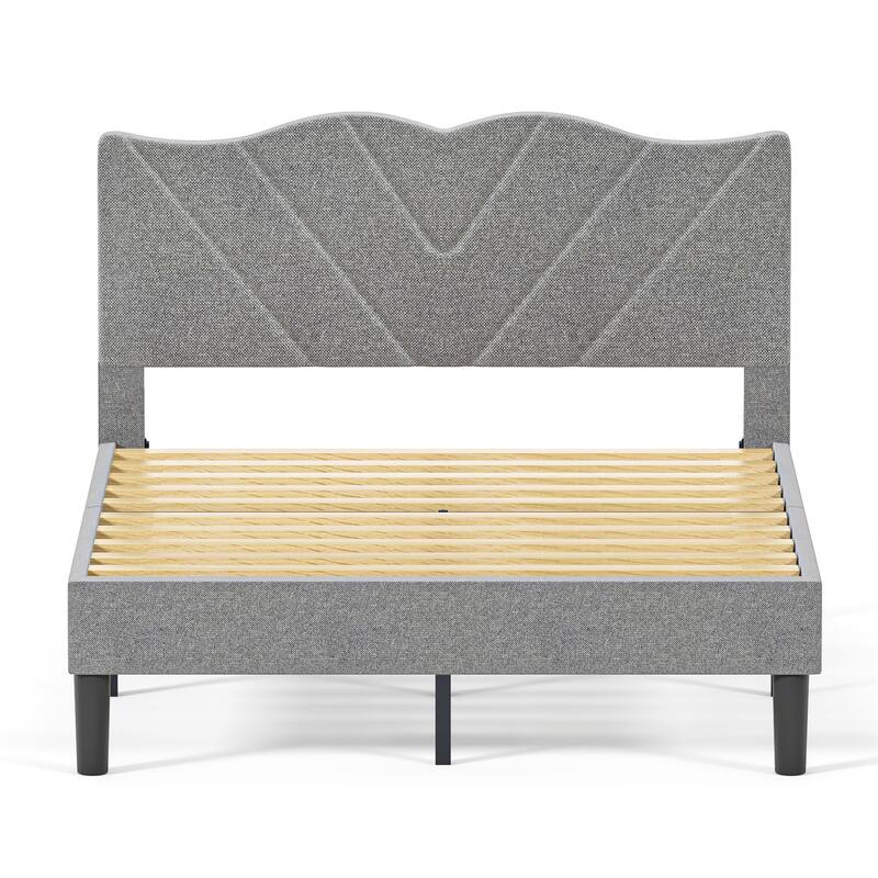 Upholstered Platform Bed, Twin Size, Grey with Padded Headboard & Heavy-Duty Metal Frame
