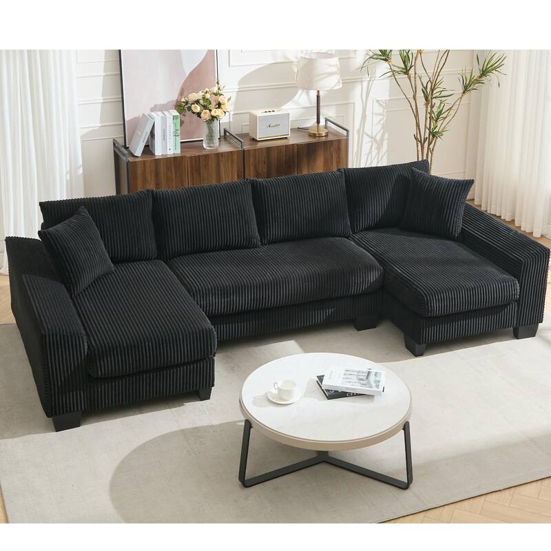 U Shaped Sofa Convertible Pull Out Sleeper Sofa Bed, 2 in 1 Recliner Sectional Couch, Corduroy Upholstery Daybed with Pillow