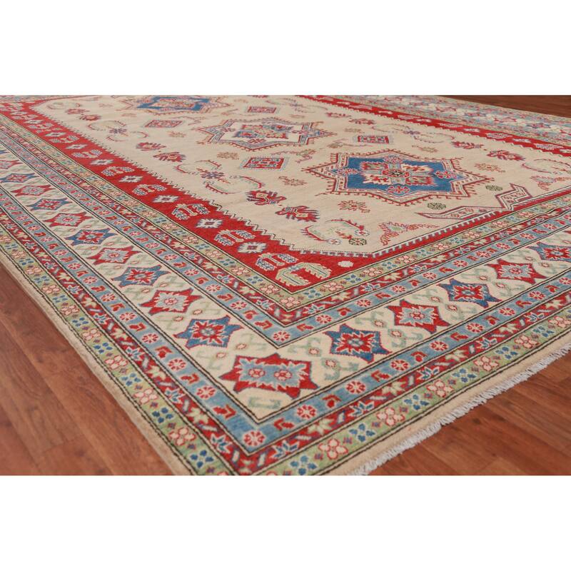 Hand Knotted Oriental 100% Wool Carpet Traditional Geometric Beige & Ivories Kazak Area Rug - 12' 3'' X 9' 0''