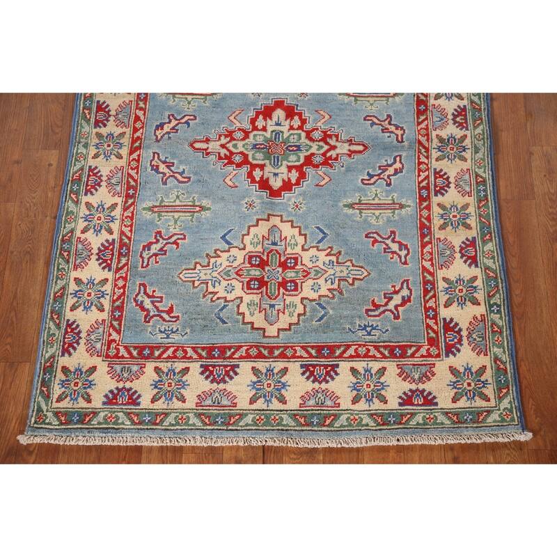 Light Blue Geometric Kazak Oriental Rug Hand-Knotted Wool Carpet - 3'4"x 4'10"