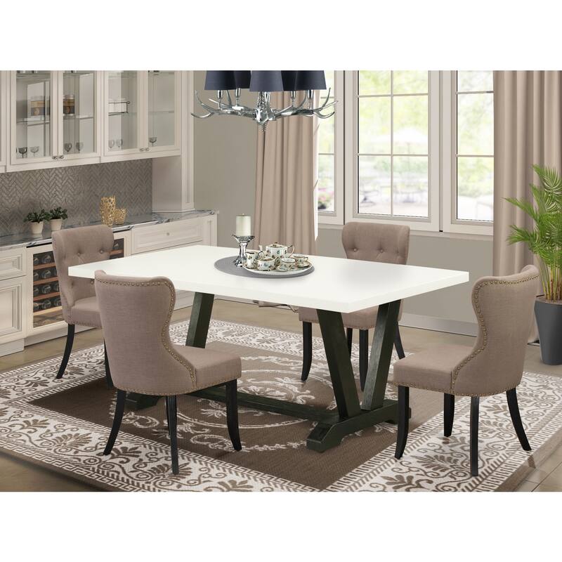 Art Nouveau Dining Set - 5 Piece Table & Chair Set - Linen Fabric Upholstered Chairs - Rectangular Table - Living Room Furniture