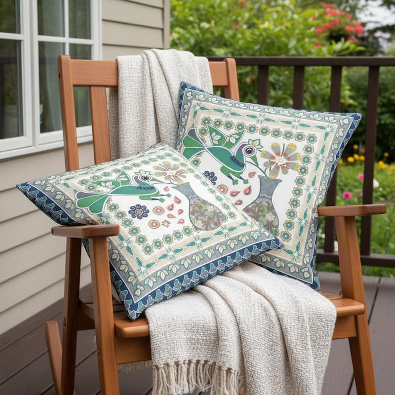HomeRoots Set of Two 16" X 16" Green and Yellow Peacock Blown Seam Floral Indoor Outdoor Throw Pillow - 16.00' X '16.00' X '5.00 - Green/Yellow - 16.00' X '16.00' X '5.00
