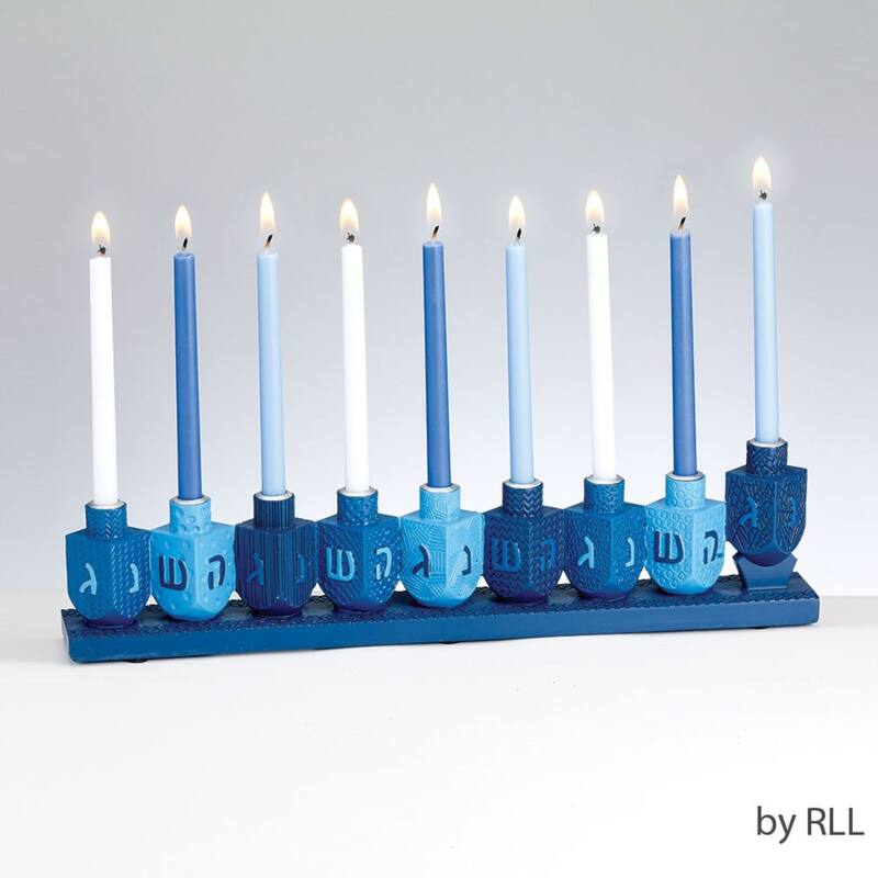 10.25" Blue Hand Painted Hanukkah Dreidels Menorah