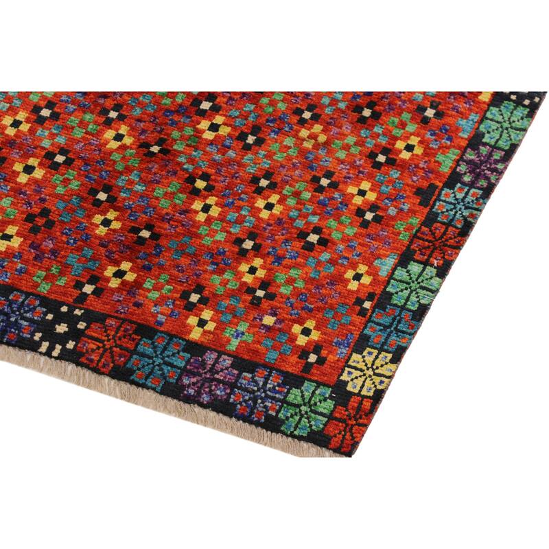 Eclectic Balochi Peters Orange/Black Hand Knotted Wool Rug - 3'4'' x 4'9''