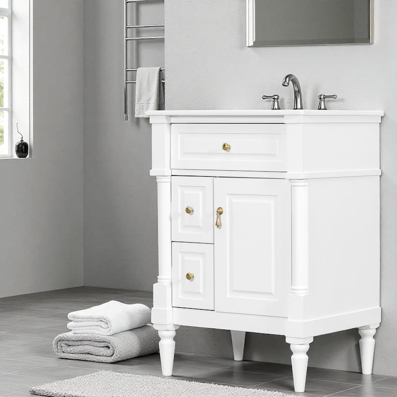 24" Freestanding Bathroom Vanity with Ceramic Sink, Solid Rubberwood Frame, Flip Drawer & Adjustable Shelf