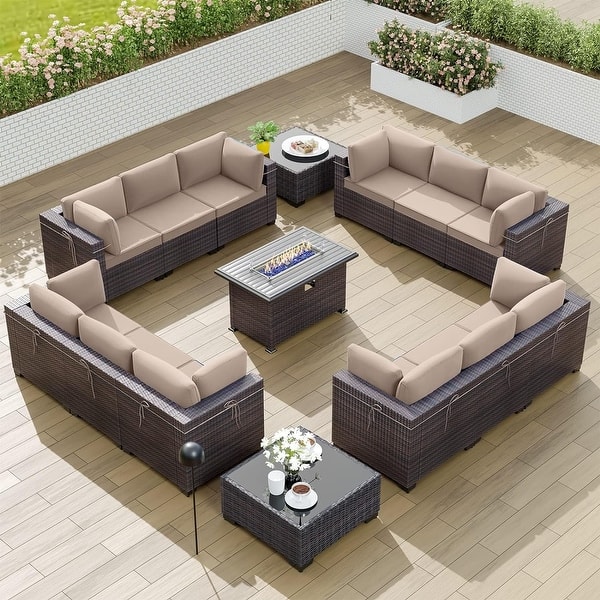 slide 2 of 30, Kullavik 15PCS Outdoor Patio Furniture Set with Fire Pit Table & Glass Top Coffee Table