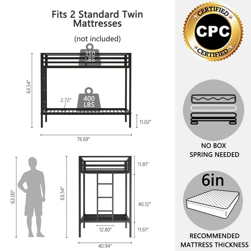 Twin Over Twin Bunk Bed with Ladder and Guardrails, Metal Frame, Space-Saving Design for Kids and Adults