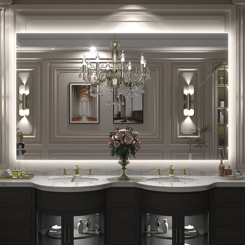 Frameless Anti-Fog 3 Colors Dimmable LED Backlit Wall Bathroom Vanity Mirror - 60" x 36"-Rectangular