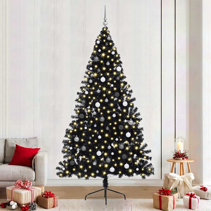 vidaXL Artificial Pre-lit Christmas Tree with 300 LEDs Black 94.5" PVC - 94.5 - Black with 120 white/grey balls
